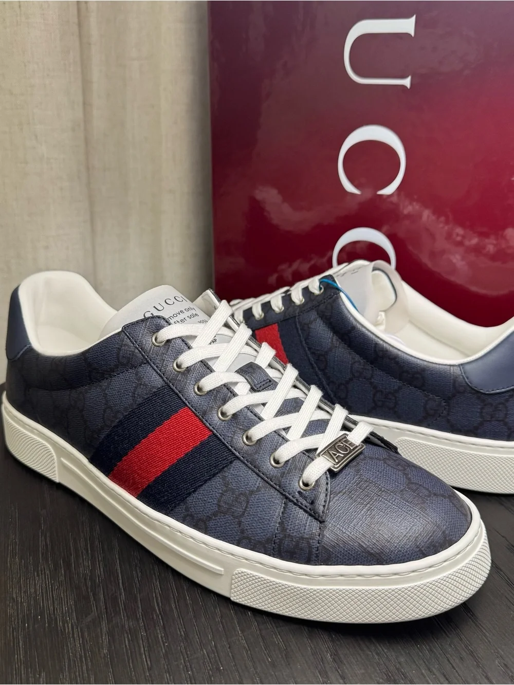 Gucci Ace Web Sneakers GG Monogram Navy 10.5